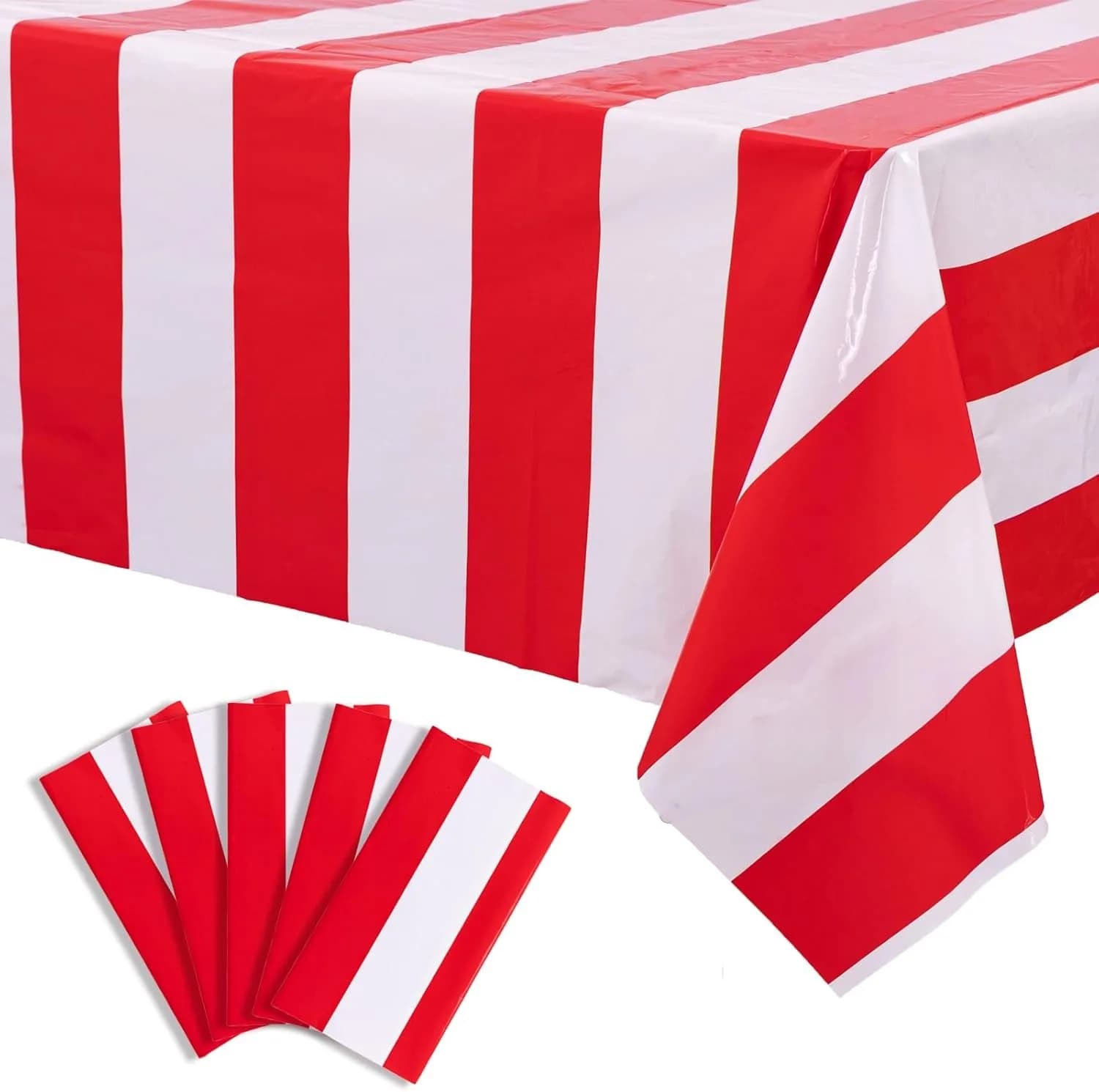 Red and white horizontal striped tablecloth with 3 packs, 54 x 108 inches, tablecloth decorations for carnival circus theme parties