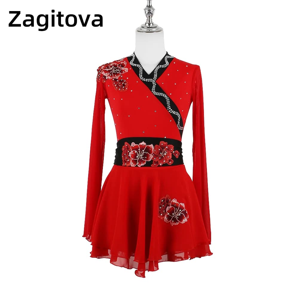 ZAGITOVA vestito da pattinaggio artistico donna ragazze pattinaggio su ghiaccio gonna a rete strass Performance Competition rosso stile giapponese