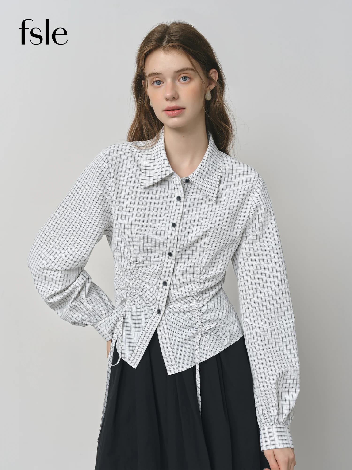 ​FSLE Autumn 2025 Women's Plaid Long Sleeve Shirt - Preppy Style Waist Tie Drawstring Adjustable Fit Casual Blouse Tunic Top​