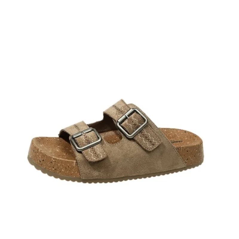 Sandali da donna in camoscio con doppia fibbia e plantare in sughero, ciabatte casual con plateau a punta aperta, stile estivo, scarpe da spiaggia