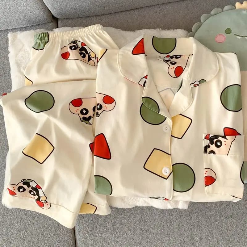 2Pcs Cute Couple Pajamas Suit Autumn Cartoon Crayon Shin-Chan Man Woman Loungewear Anime Cotton Tops Pants Student Homrwear