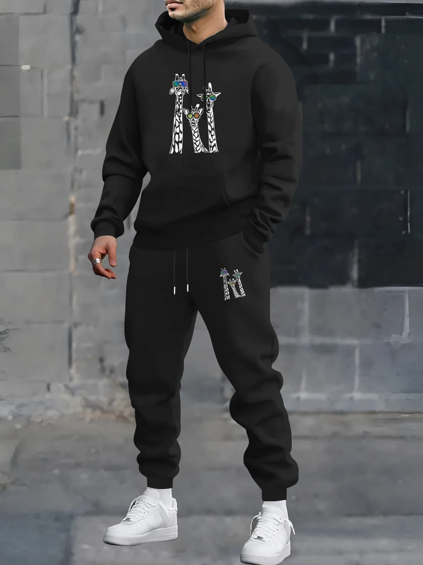 2026 Men Cool Giraffes With Sunglasses Graphic Print 2‑Piece Tracksuit Hoodie & Jogger Pants Autumn Winter Casual Sportswear