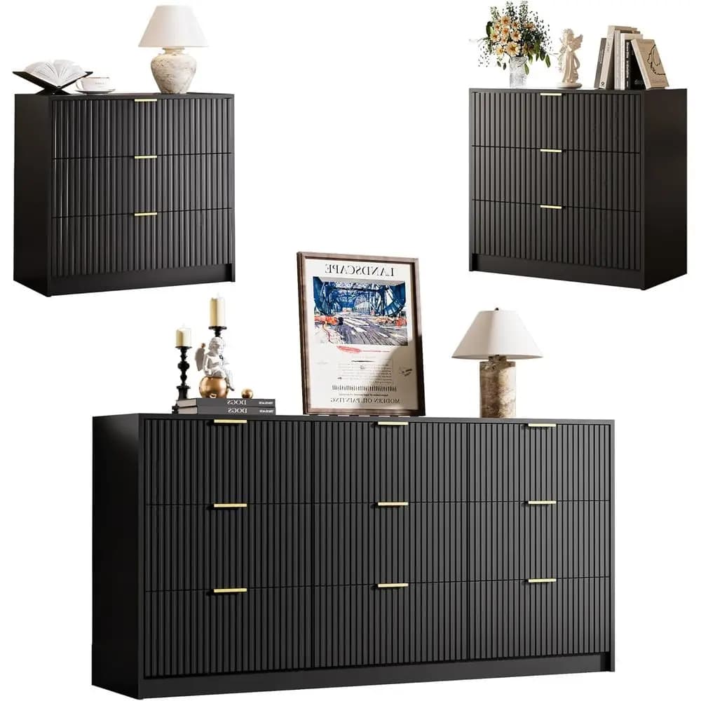 3-Piece Bedroom Set: 9 Drawer Dresser & 3 Drawer Nightstands with Gold Handles, Luted Wood Chest for Bedroom, Living Room, or En