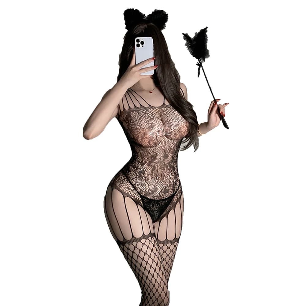 Seductive Fishnet Bodystocking for Women Hollow Out Mesh One Piece Lingeries Strappy Seduction Nightwear Clubwear Sheer Outfits