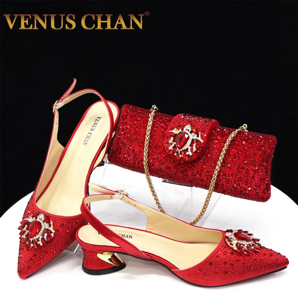 Venus Chan nuove scarpe da donna a punta di colore rosso alla moda set di borse abbinate per pompe per feste di nozze da donna nigeriane
