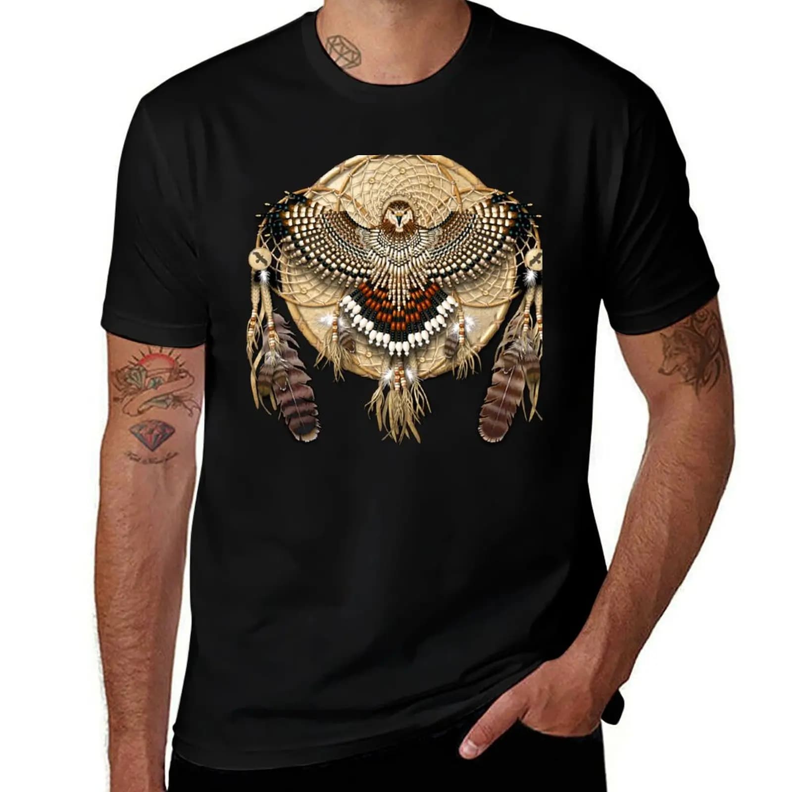 Red-Tail Hawk Dreamcatcher Mandala T-Shirt All Match Print Short Sleeve Top