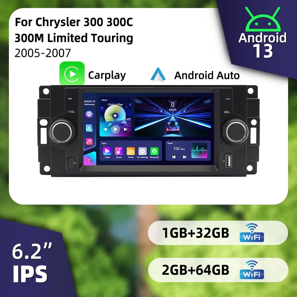 Autoradio Android con Schermo da 6.2" per Chrysler 300 300C 300M Limited Touring 2005-2007, 1Din, Carplay, Stereo, GPS