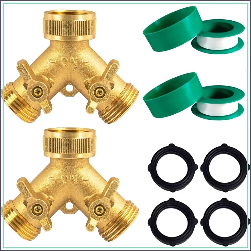 Brass Garden Hose Splitter 2 Way - Solid Hose Y Connector with 2 Valves for Dual Watering, Leak Proof Design, Easy Grip Handles, 2 Pack with Extra Washers