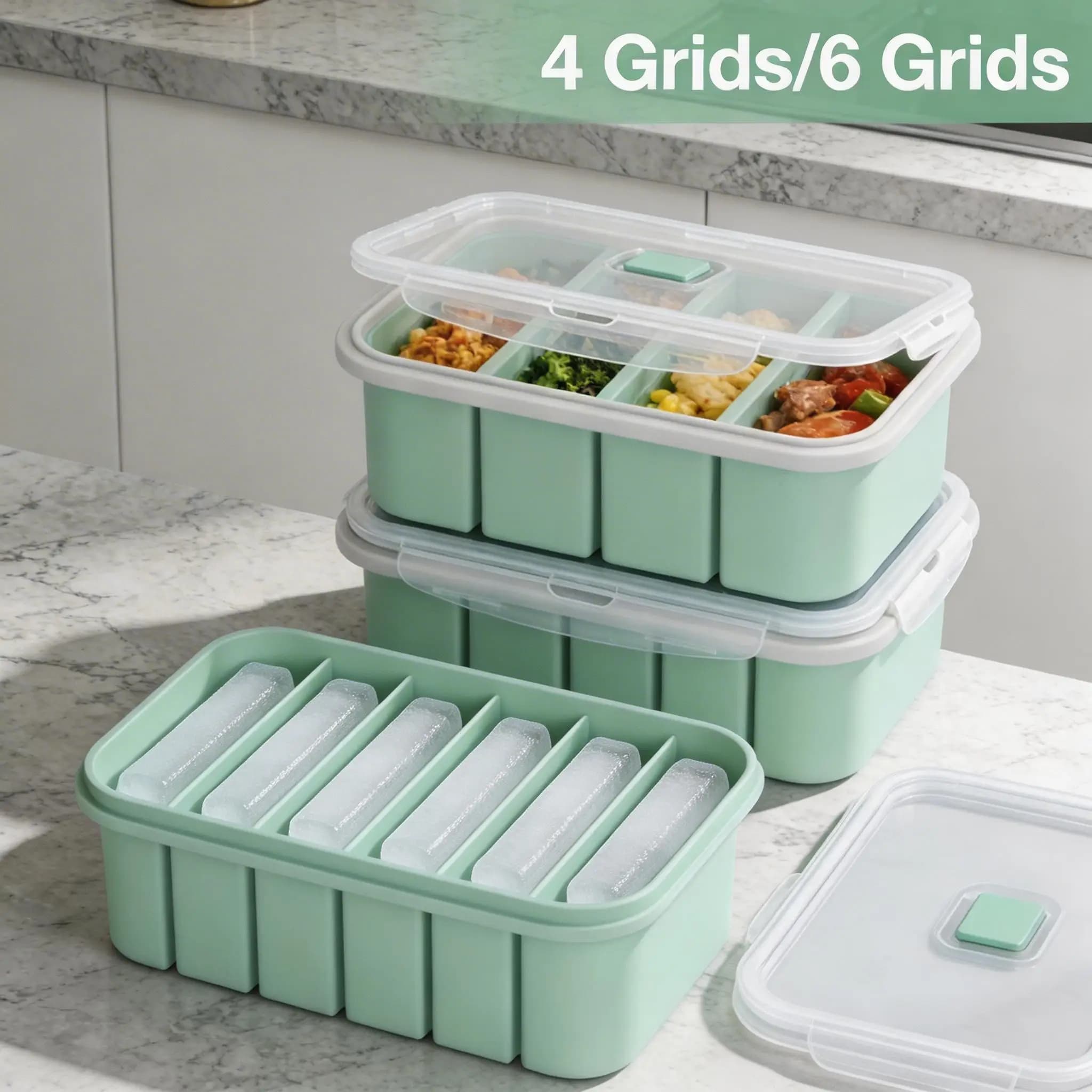 Set di 2 Stampi in Silicone per Congelatore, 4/6 Scomparti, Vassoio per Cubetti di Ghiaccio Giganti, Contenitore per Zuppa, Brodo, Preparazione Pasti, Cubetti di Ghiaccio