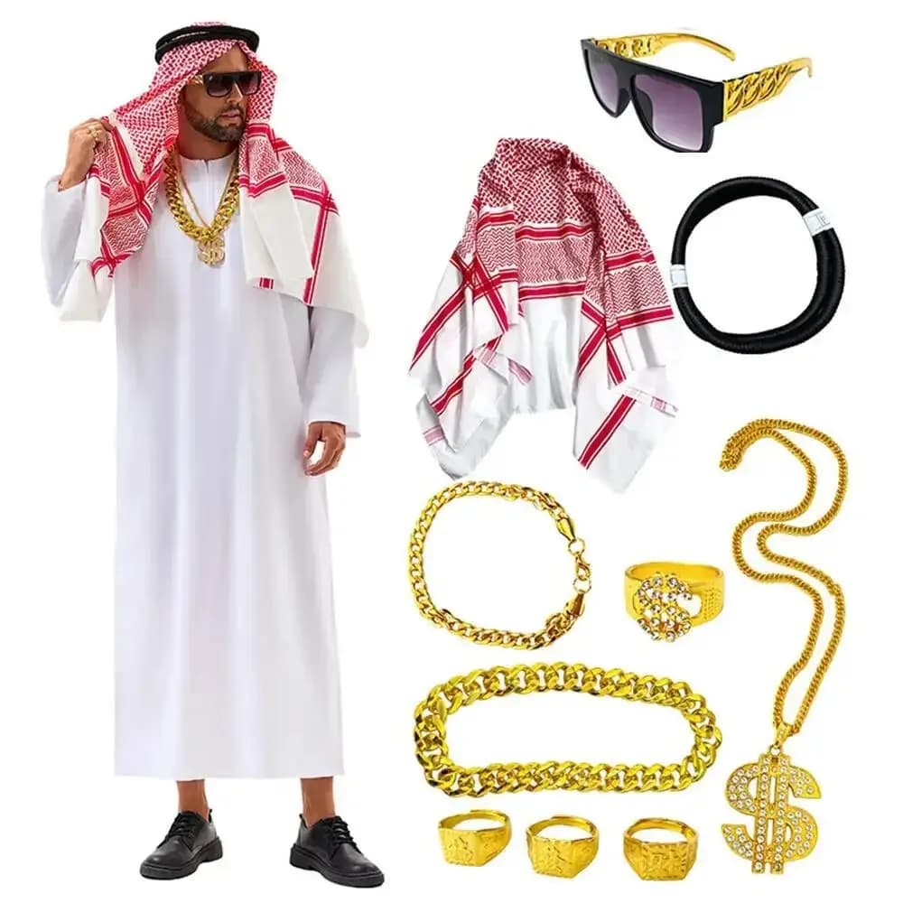 Arabian Dubai Costume Uae Sheik Cosplay White Robe Headscarf for Wealthy Saudi Birthday Costume Halloween Rich Man Outfit Polyes