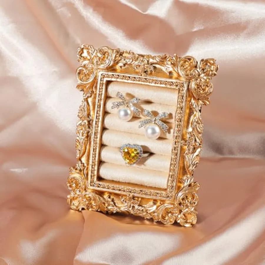 Vintage Ring Holder Rectangle Gold Velvet Display Stand - Baroque Jewelry Organizer Box Tray for Wedding Engagement Anniversary