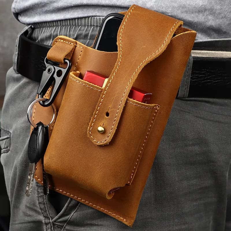 Retro men's leather wallet, leather phone bag, belt bag, tool bag, sports running bag, construction site cowhide bag