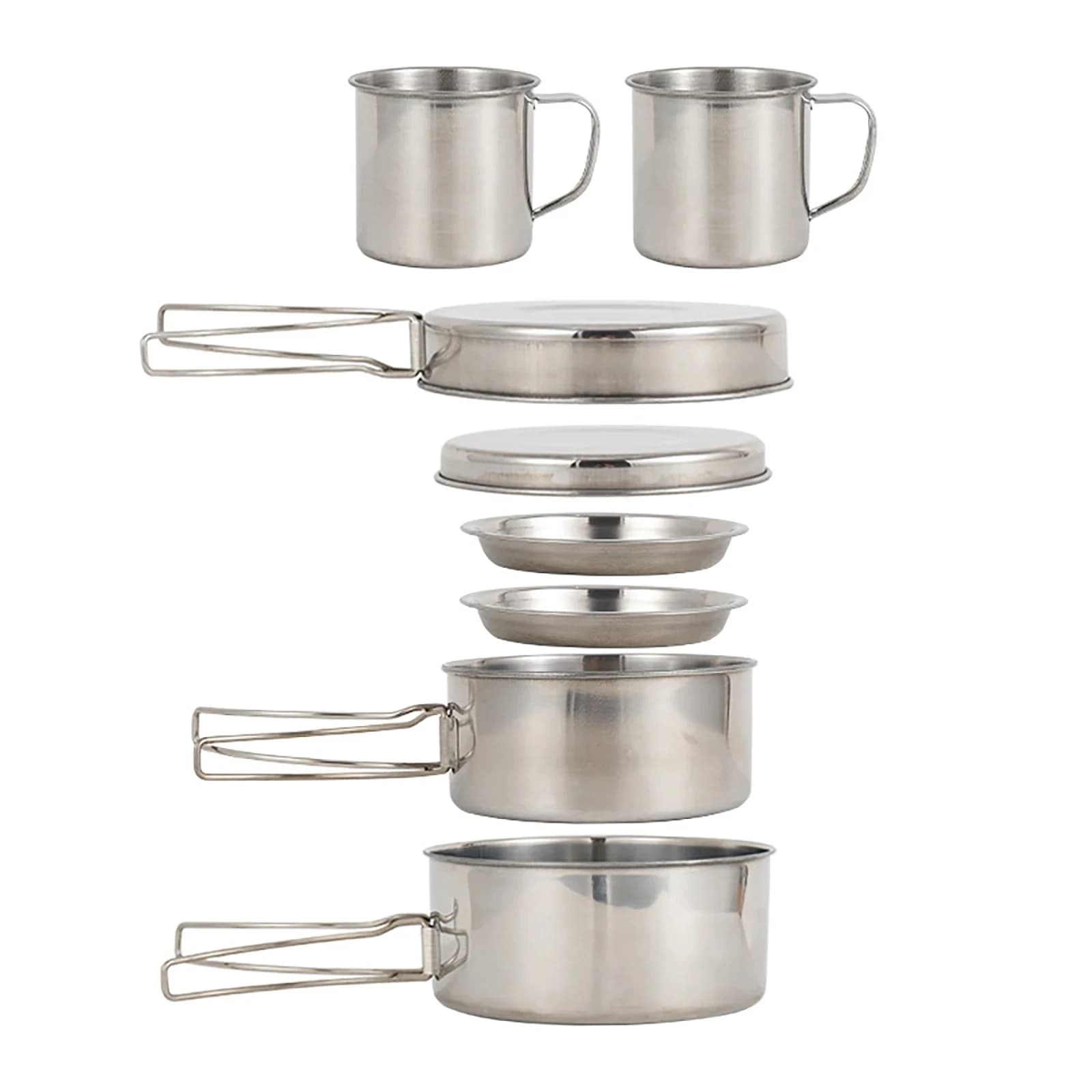 8 pcs/set camping pots disorder kit set of pots and stainless steel pans with plates cups for outdoor hiking backpack