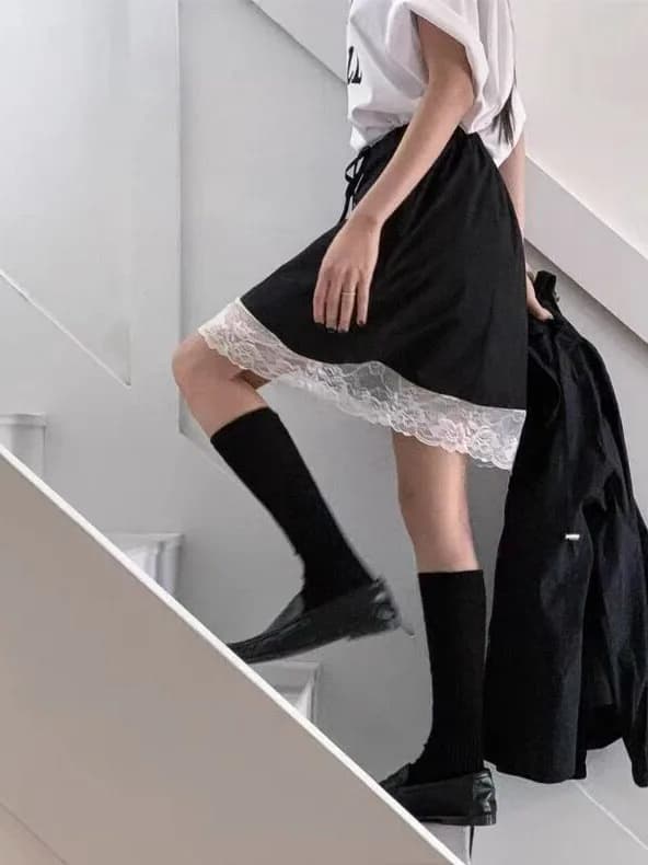 Summer New Style Lace Trim Color Block Elastic Waist Short Skirt Women's Fashionable Drawstring Midi Skirt for Casual Wear
