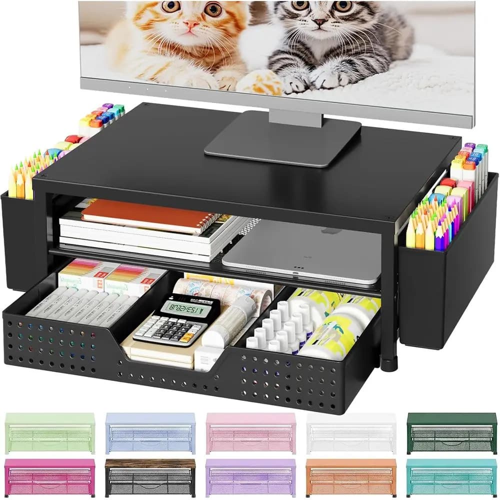 Desk Organizers & Accessories, Computer Monitor Stand Riser with Drawer and 2 Storage, Printer & Laptop Stand, Office Desk Acces