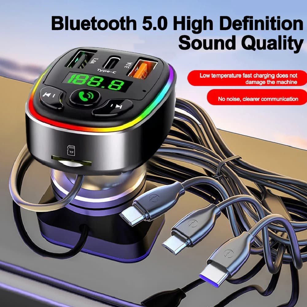 Trasmettitore FM Bluetooth 5.0 Lettore modulatore MP3 per auto Ricevitore audio vivavoce PD + Caricatore per telefono USB con cavo di ricarica 3 in 1
