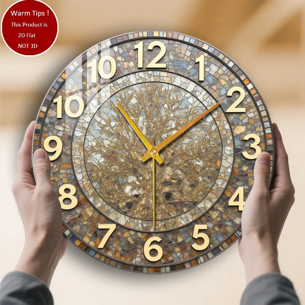 Tempered Glass Wall Clock Mosaic Clock with Golden Tree Suitable for mural decorations or table display anywhere