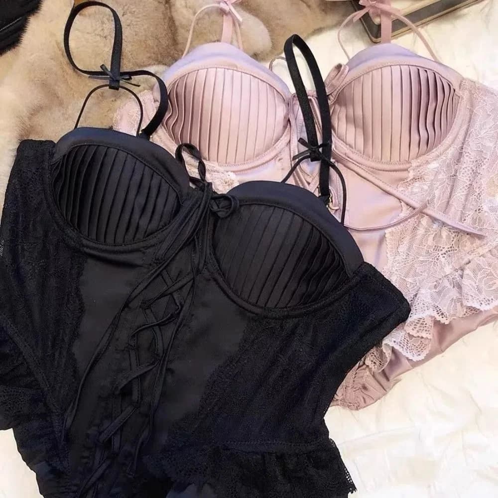Sweet French Style Lace Up Vest Top Spaghetti Strap Close-fitting Sleeveless Crop Top Wrinkle Canisole Satin Corset Top Female