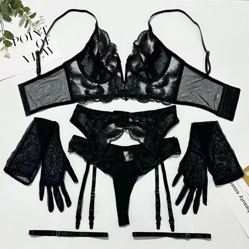 Costume da bagno bikini in rete con ricami elaborati, lingerie sexy, set da cinque pezzi
