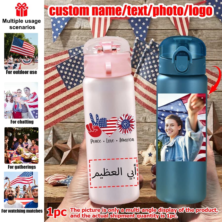 1 Pezzo Bottiglia d'Acqua Sportiva da 780ml/26oz con Motivo a Cuore e Bandiera per il Giorno dell'Indipendenza, Personalizzabile con Foto e Nome, con Cordino