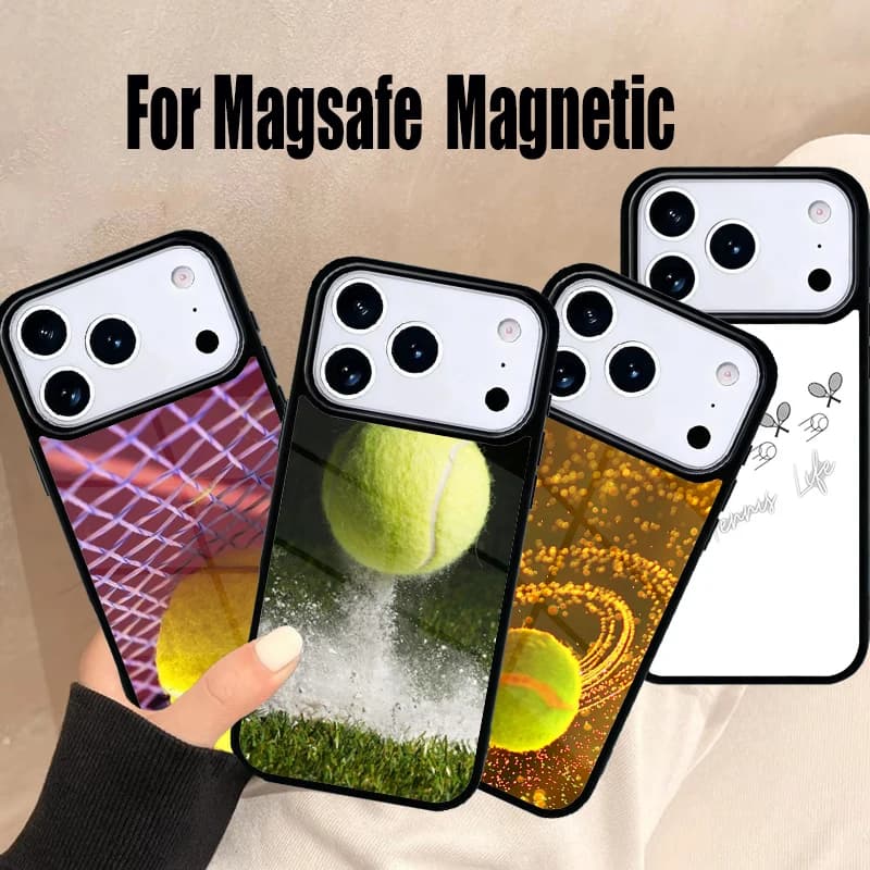 Cover Morbida con Motivo Palla da Tennis per iPhone 17 Air 16e 15 14 13 12 11 Pro Max Plus, Cover Magnetica Wireless Magsafe