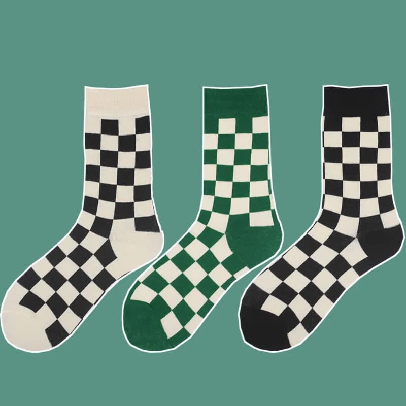 Calzini da donna neri a scacchi, calzini di coppia, alla moda, divertenti, semplici, a tubo medio, tinta unita, in cotone, all'ingrosso