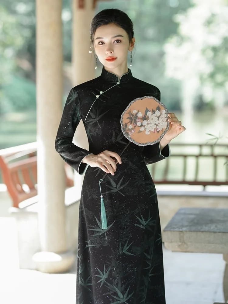 Long Sleeve Qipao Dress Spring New Style Daily Middle-aged Mom Improved Large Size Black Chinese Style Long Qipao Retro Wind