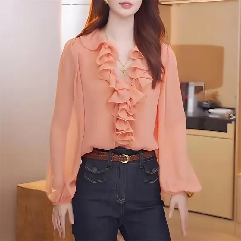 Women's blouse in chiffon color long sleeved fishing with V and volant neckline, casual top
