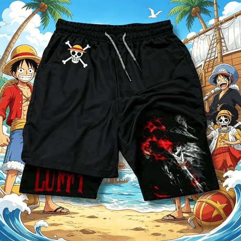 Pantaloncini Sportivi 2-in-1 Stampati One Piece Anime, Nuova Collezione Estate 2025, Trendy, per Fitness, Nuoto ed Escursionismo, Doppio Strato