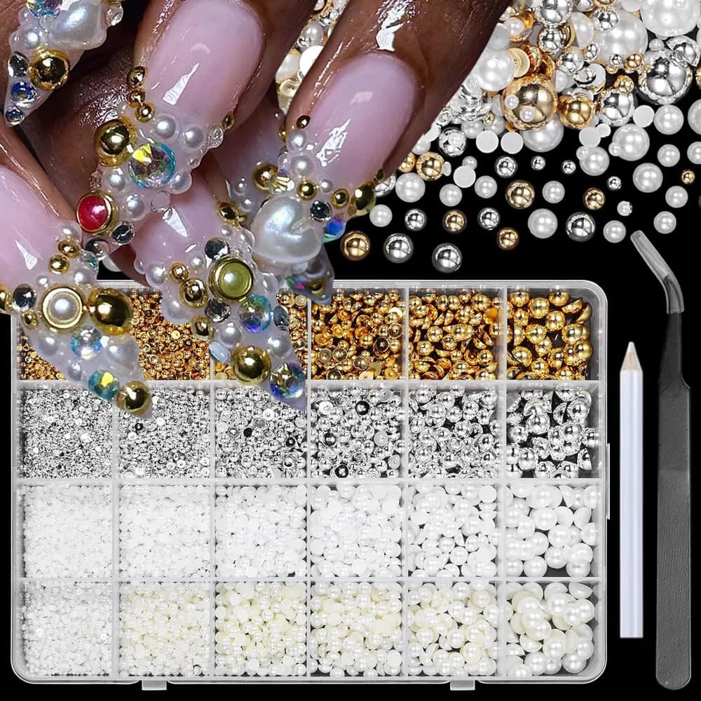 24 griglia oro argento semicircolare caviale perline pendenti per unghie 1/2/3/5mm flatback bianco beige perla gemme per unghie strass resina nail deco