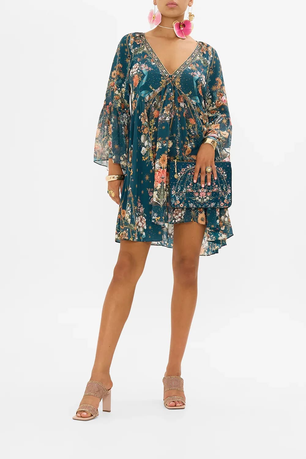 Women's retro silk dress with crystal beads, floral print, V-neck, flared sleeves, mini wide dress
