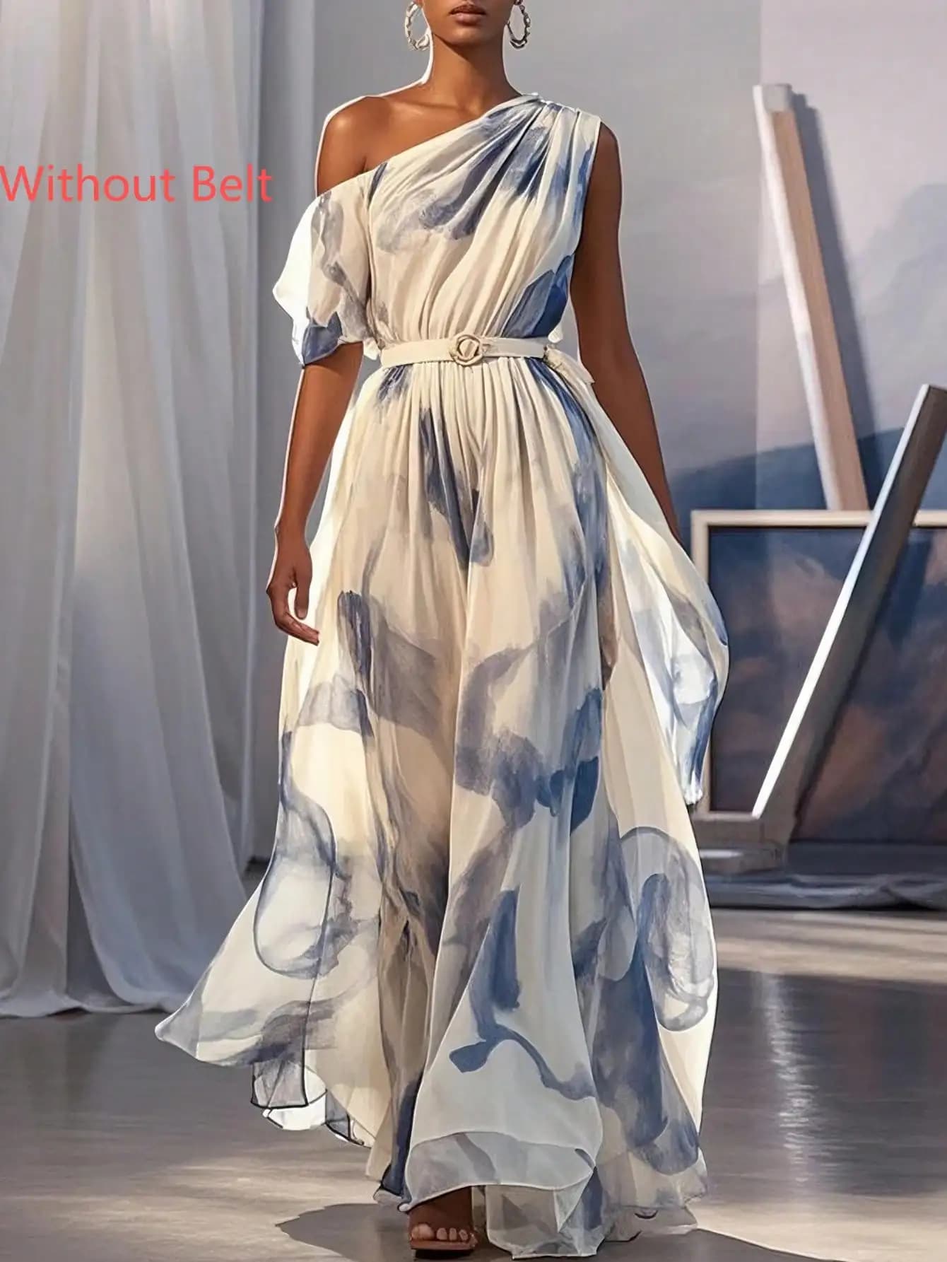 Abito lungo monospalla in chiffon con stampa astratta blu, cintura in vita