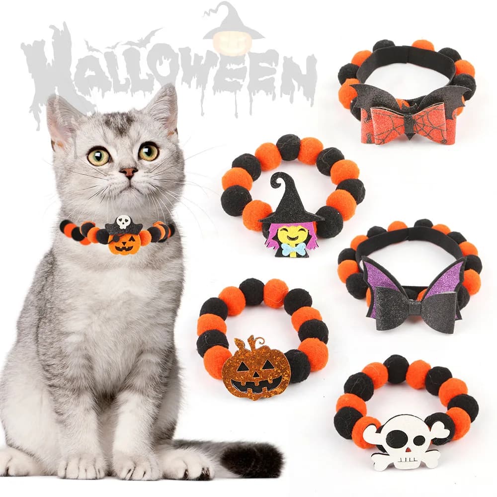 Collare per animali domestici divertente di Halloween Decorazione di zucca Corda elastica Collana con pompon Collare per gattino regolabile Collare per cani da compagnia personalizzato