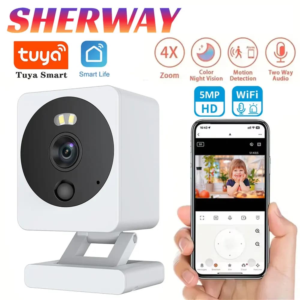 Telecamera di Sicurezza IP Mini Tuya 5MP, Wireless per Esterni, Impermeabile, Videosorveglianza CCTV, Visione Notturna a Colori, Baby Monitor