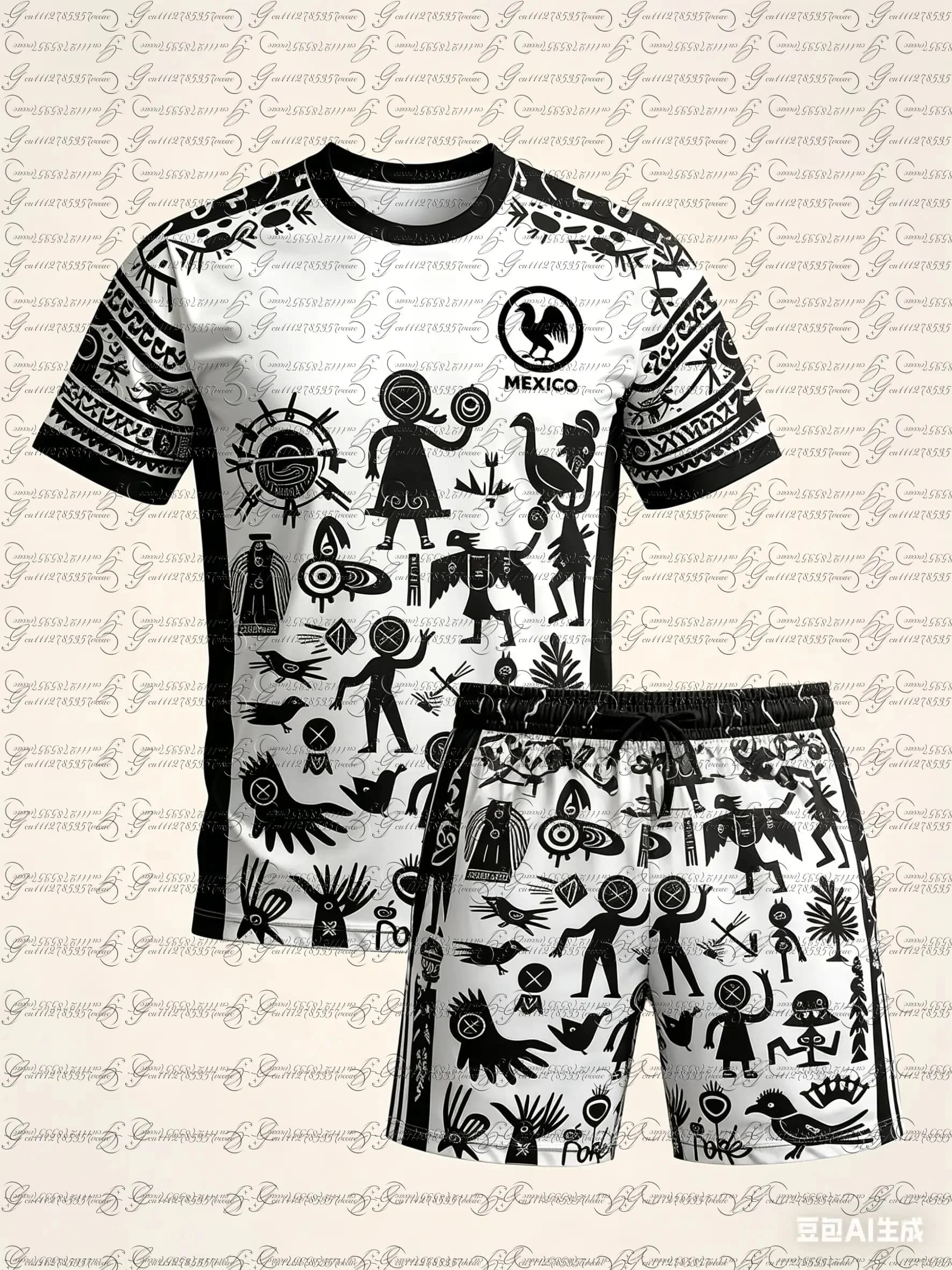 T-SHIRT con Arte Tribale Messicana su Sfondo Bianco, Motivo Nero con Simboli Aztechi, Uniforme da Calcio Giovanile, Sport all'Aperto