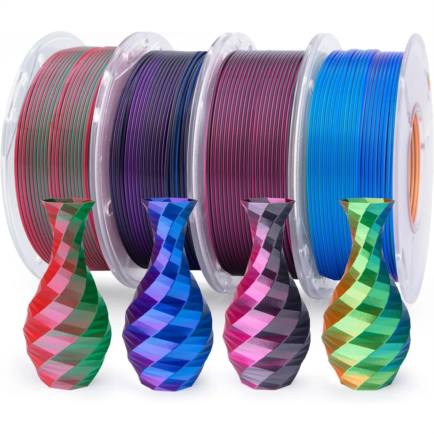 Silk PLA Filament Bundle 1.75mm, Dual Triple Colors Shiny 3D Printer Filaments, Dimensional Accuracy +/-0.05mm, 4 Pack 250g
