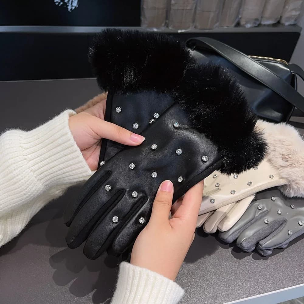 Guanti da donna con strass in pelo di coniglio imitazione Guanti invernali patchwork PU riscaldati Guanti eleganti spessi antivento para motos