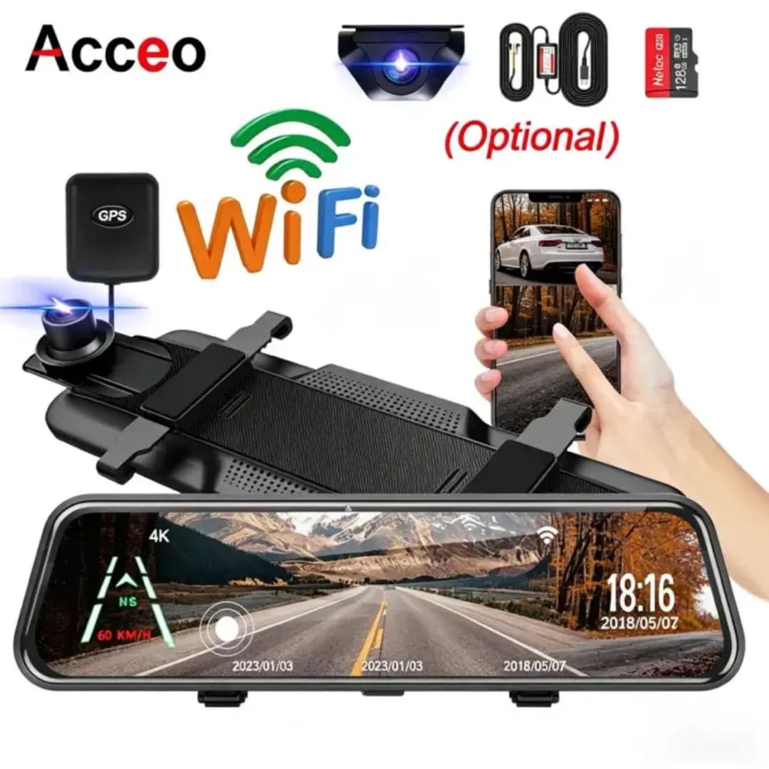 Acceo Dash Cam 4K con Specchietto Retrovisore, Schermo Touch da 10'', WiFi, GPS, Doppia Lente Anteriore e Posteriore, Visione Notturna, Monitoraggio Parcheggio, Registrazione in Loop, DVR per Veicoli
