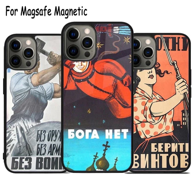 Cover Magnetica Vintage Stalino URSS CCCP con Ricarica Wireless per iPhone 17 Air 15 16 16e 14 13 11 12 Pro Max Plus Magsafe