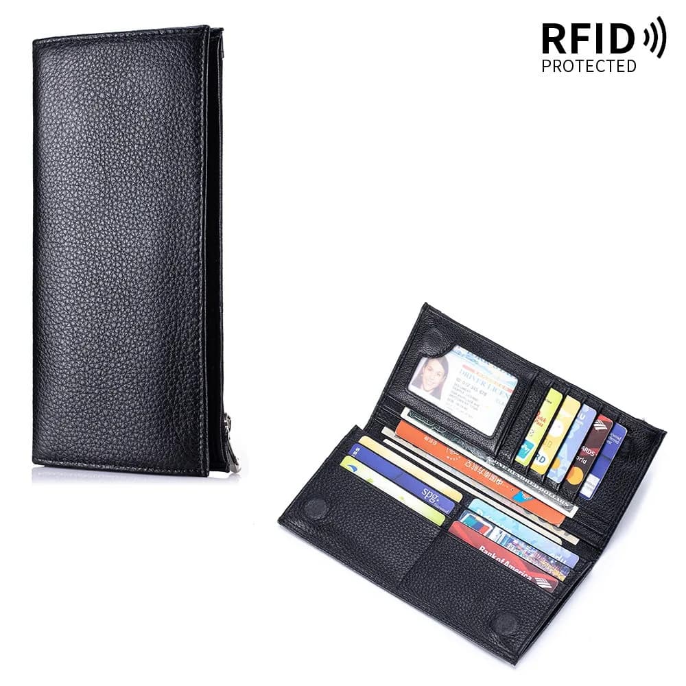 Portafoglio Lungo Sottile Bifold per Uomo con Blocco RFID, Finestra per Documenti, Scomparti Multipli per Carte e Tasca con Cerniera per Contanti, Borsa da Lavoro