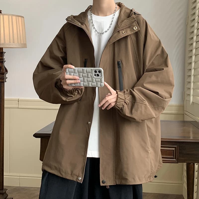 Men's Outdoor Windproof Waterproof Jacket Spring Autumn New American Workwear Coat Zipper Decoration Loose Fit Fashionable