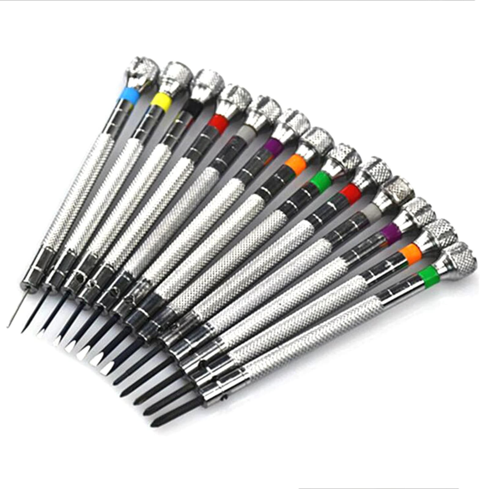 Set di 13 Cacciaviti Professionali in Metallo da 0,6-2,0mm con Punte a Croce e Piatta per Orologiai e Riparazione Orologi