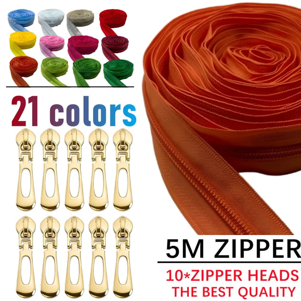 1 group = 5m zipper + 10 golden zipper heads, 21 colors optional, home sewing DIY replacement zipper Sewing Accessories