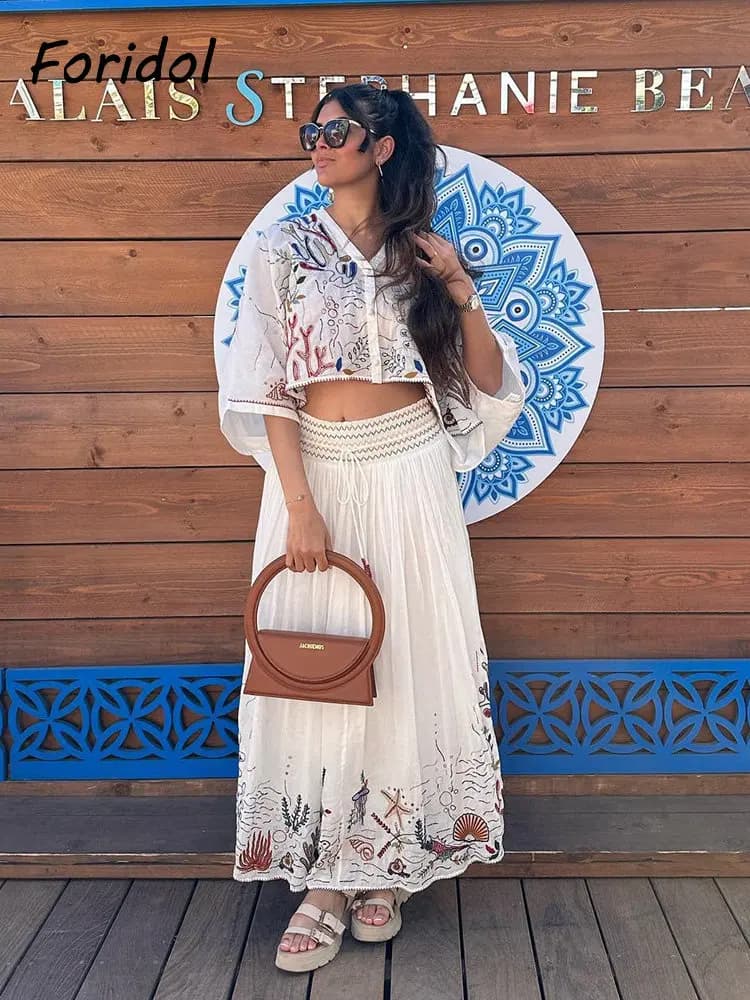Foridol Marine body ricamo manica a pipistrello estate primavera Maxi gonna Set cotone bianco Tassle Dress Set abiti bottone vestito