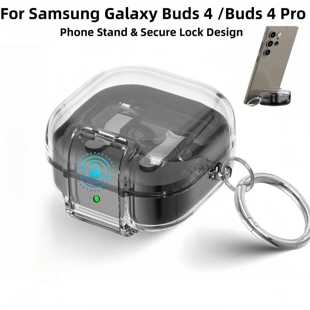 Custodia Protettiva Trasparente in PC+TPU per Auricolari Samsung Galaxy Buds 4 Pro/Buds 4 con Supporto e Clip di Bloccaggio Integrati