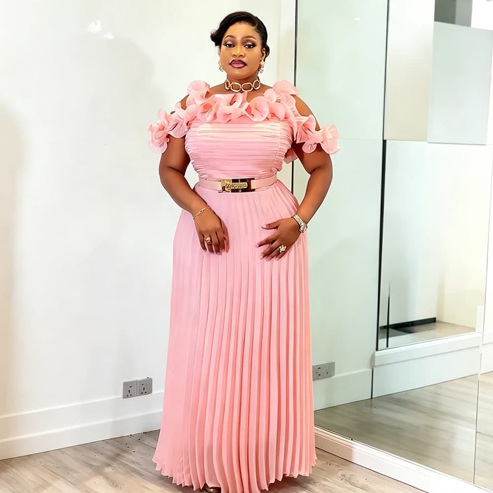 Abiti da Sposa Africani Plus Size per Donne, Vestito Lungo Elegante con Spalle Scoperte e Volant per Feste Serali, Lussuoso Abito Plissettato Turco