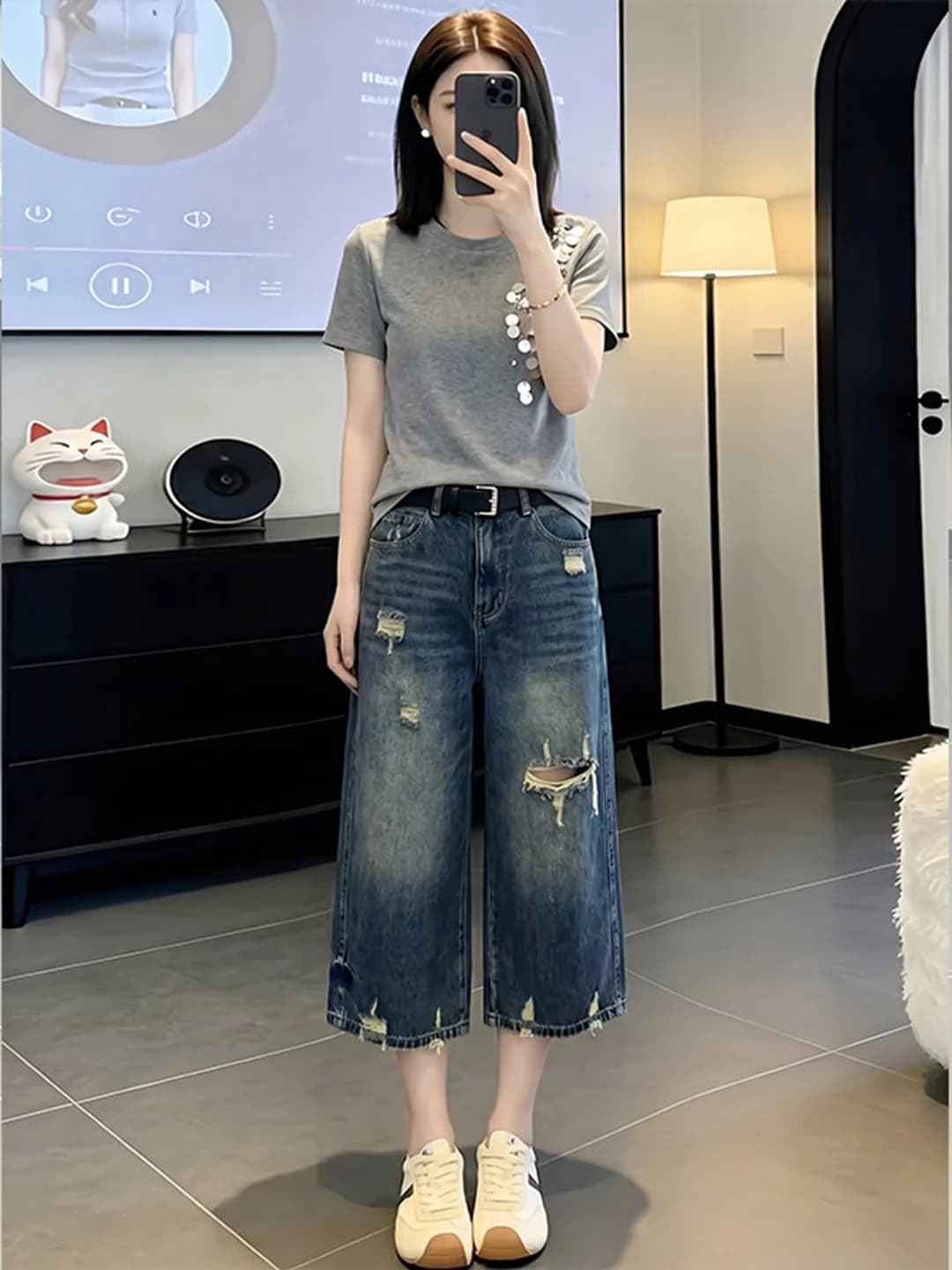 Retro Blue Wide Leg Pants Women Summer Thin Large Size Fat MM Slimming Design Loose Eighteen Hole Denim Jeans High Waist