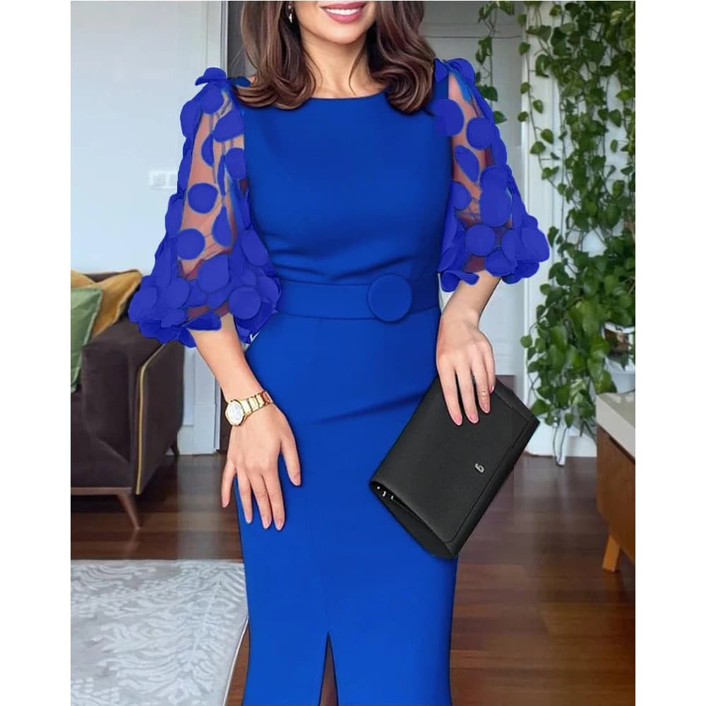 Abito Midi Bodycon Personalizzato da Donna con Maniche a Sbuffo in Rete, Spacco, Cintura, per Lavoro, Cocktail, Matrimoni e Balli di Fine Anno