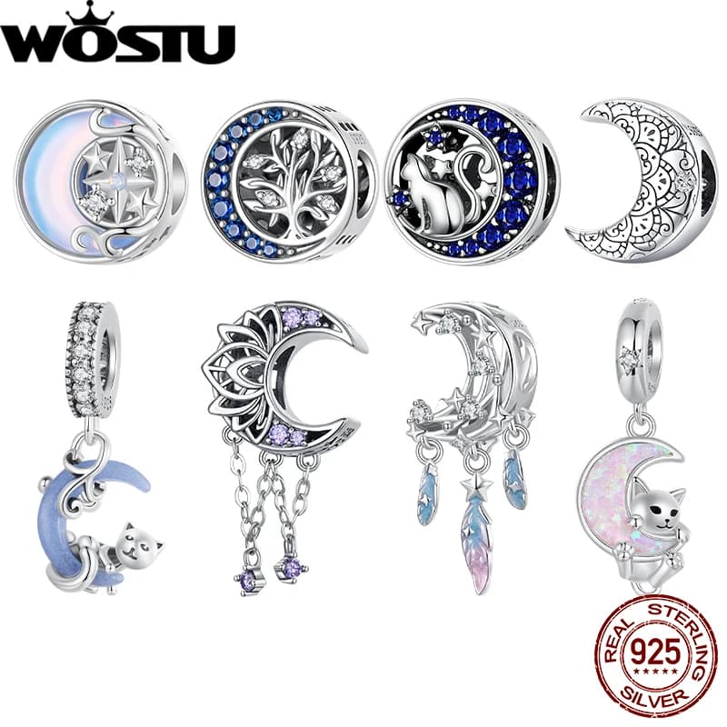 WOSTU Ciondolo in argento sterling 925 con luce di luna, luna, gatto, albero della vita, stelle, adatto per bracciale da donna, gioielleria raffinata fai da te