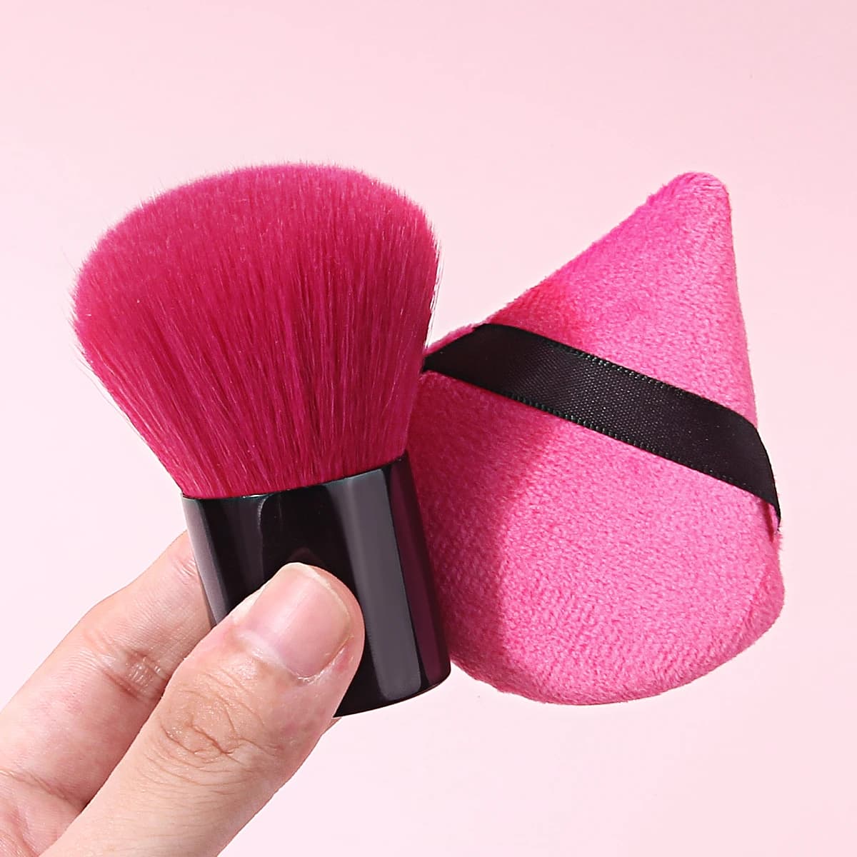 Set di strumenti per il trucco da 2 pezzi, pennello morbido per fard Kabuki + piumino triangolare, kit portatile per fondotinta in polvere per principianti